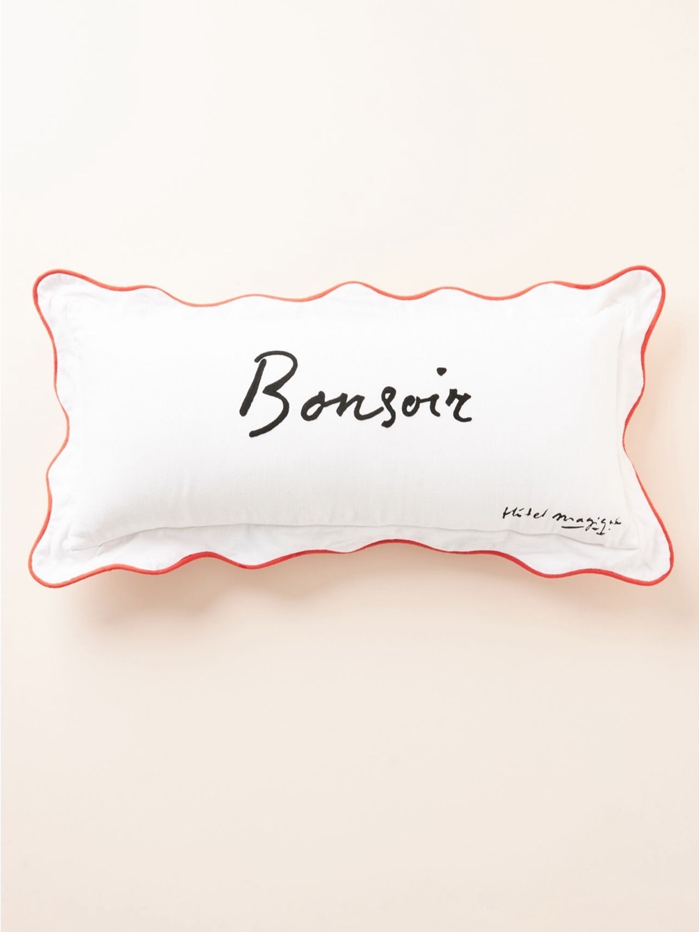 Bonsoir Embroidered Lumbar Pillow with Red Piping